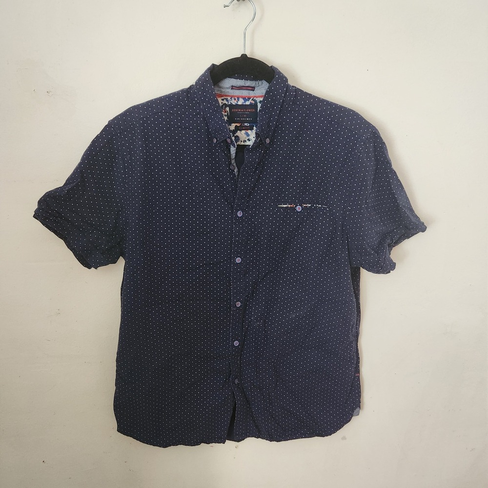 Denim & Flower Blue Polka Dot Button Down Men's‎ Size Large
